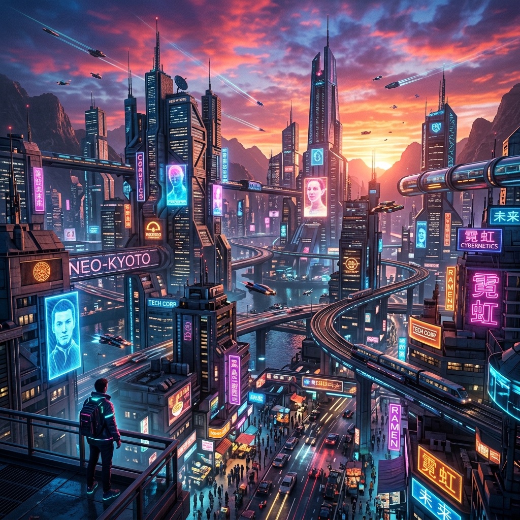 Futuristic city at sunset with neon lights
