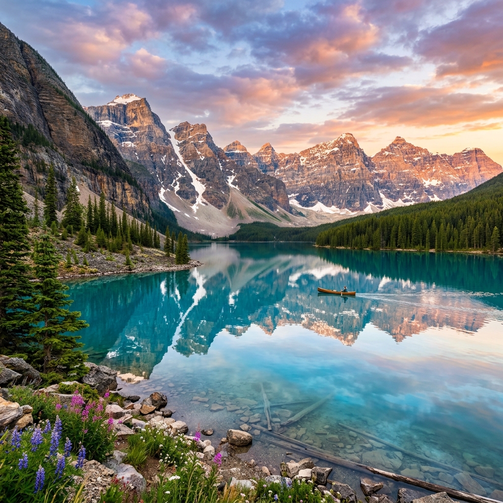Serene nature landscape with lake and mountains