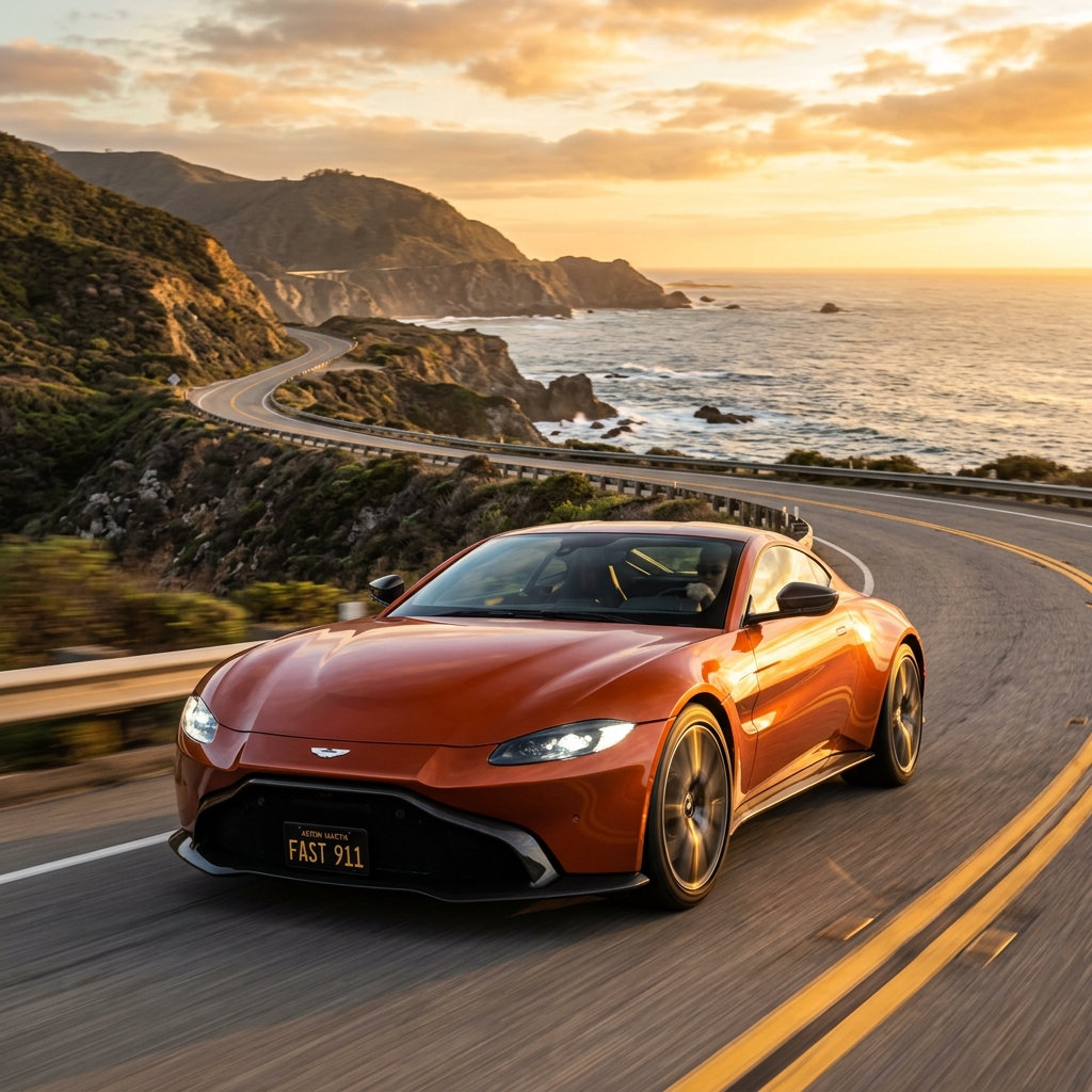 Sleek sports car driving on a coastal road