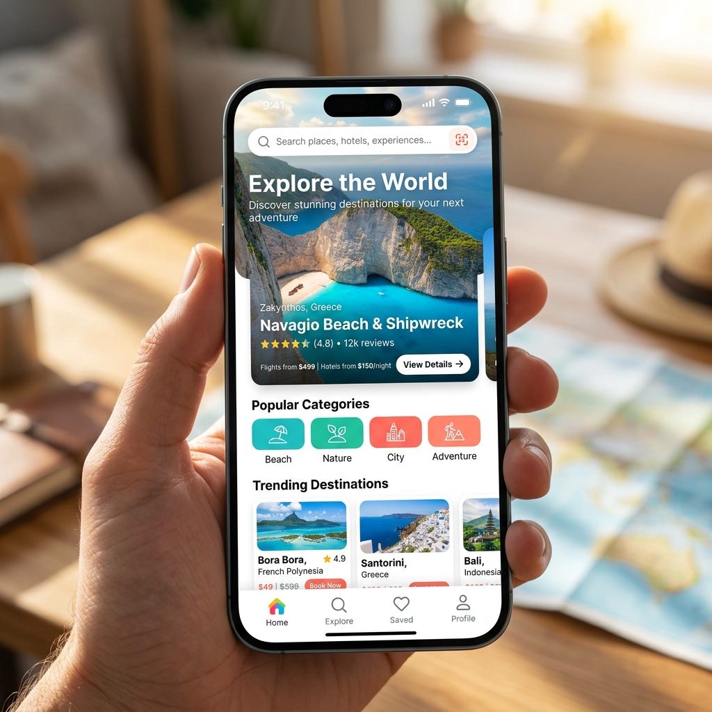 Modern travel mobile app interface
